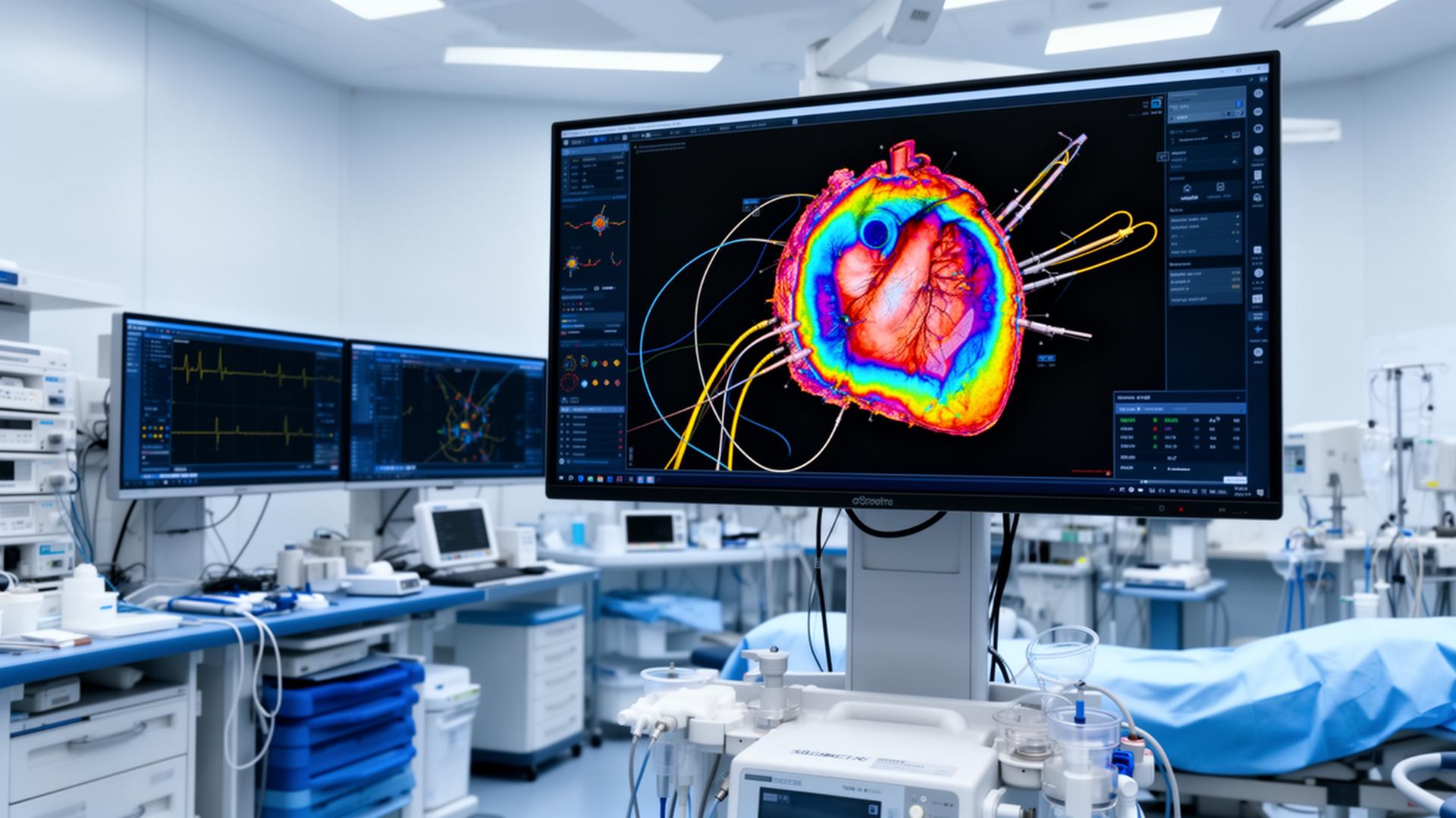 Sala de hemodinâmica com tela de mapeamento eletroanatômico 3D do coração