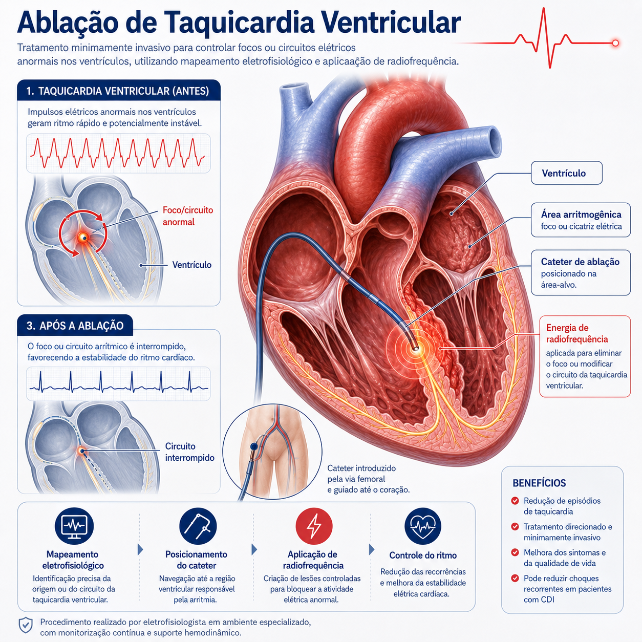 Infográfico da ablação de taquicardia ventricular mostrando cateter, foco arritmogênico e aplicação de radiofrequência