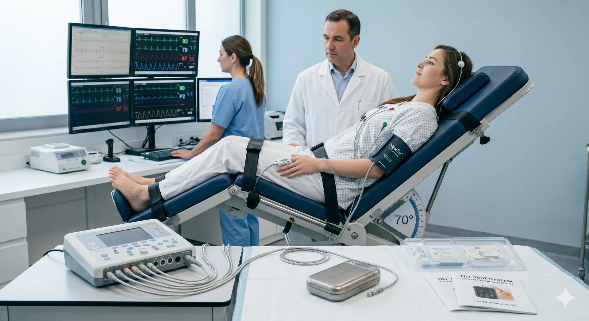 Paciente em mesa basculante durante exame Tilt-Test com monitorização
